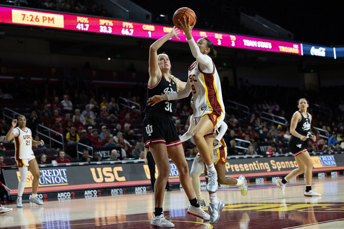 USC guard Jazzy Davidson (9) shoots during a Big Ten college basketball game against the Hoosiers, Thursday February 12, 2026  in Los Angeles.