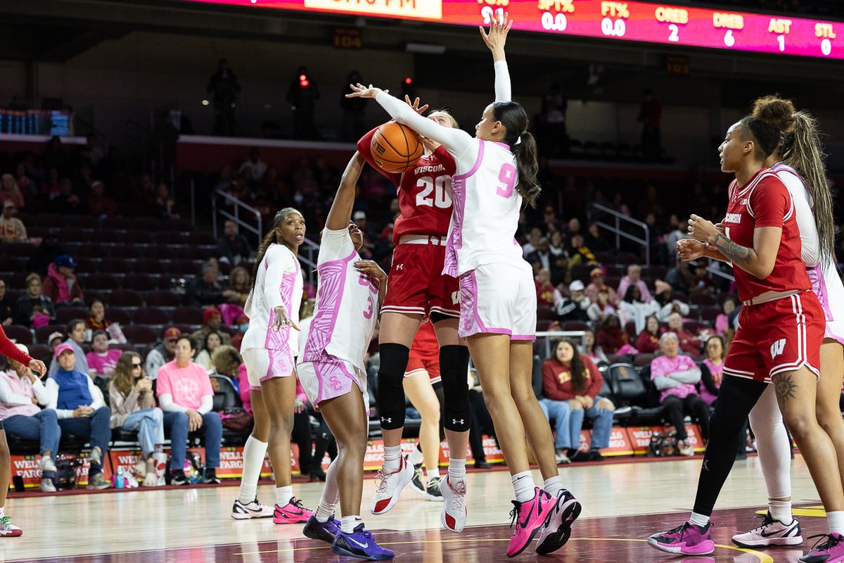 USC guard Jazzy Davidson (9) and USC guard Londynn Jones (3) defend during a Big Ten college basketball game against Wisconsin Badgers, Thursday February 19, 2026  in Los Angeles.