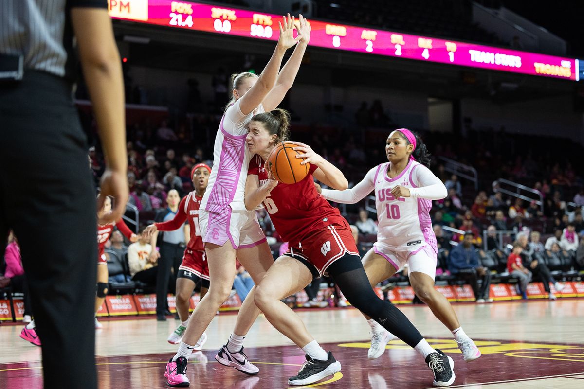 USC forward Gerda Raulusaityte (8) defends during a Big Ten college basketball game against the Wisconsin Badgers, Thursday February 19, 2026  in Los Angeles.