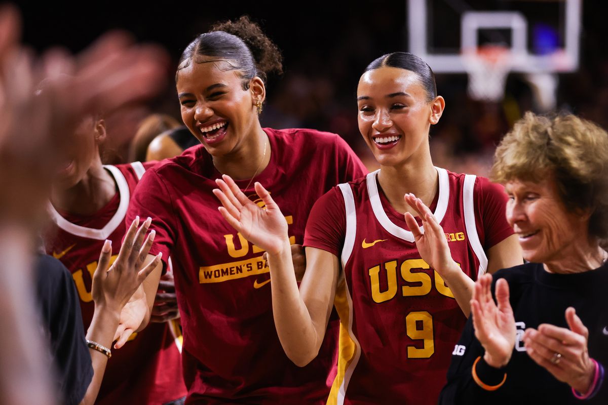 USC Trojans guard Jazzy Davidson (9) and Sitaya Fagan (1) smile before the women's college basketball game against the UCLA Bruins, Sunday March 1st, 2026 at Galen Center in Los Angeles, Calif.