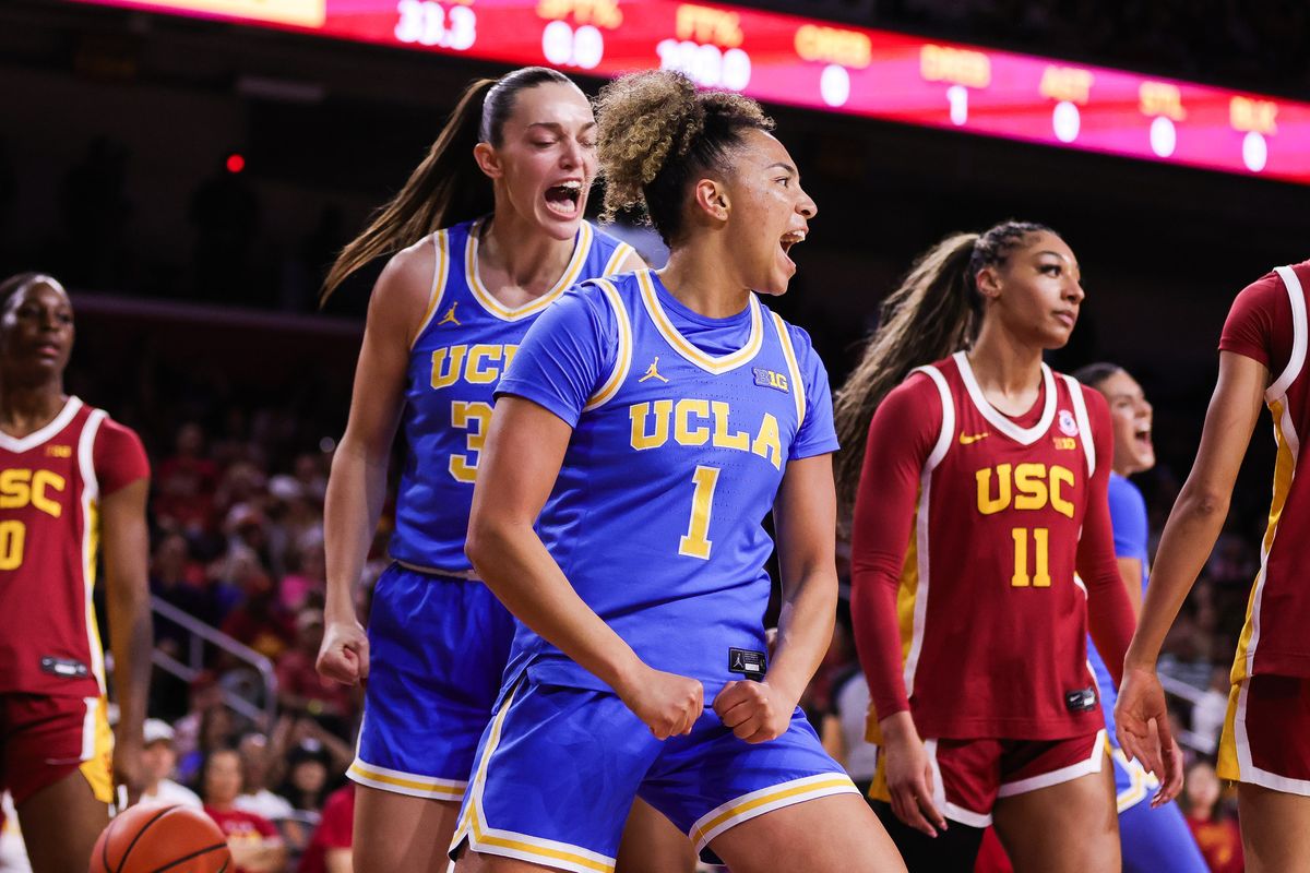 UCLA Bruins guard Kiki Rice (1) reacts during the women's college basketball game against the USC Trojans, Sunday March 1st, 2026 at Galen Center in Los Angeles, Calif.