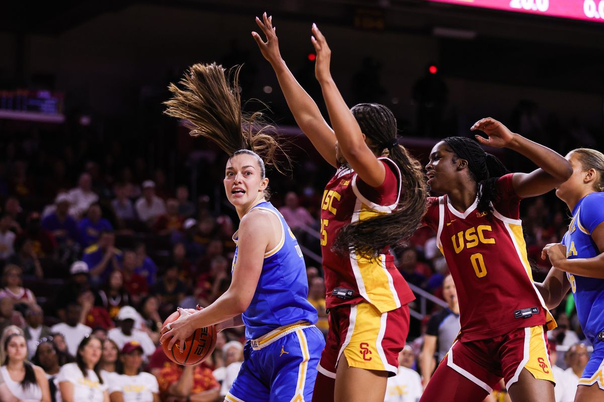 UCLA Bruins forward Angela Dugalić (32) with the ball during the women's college basketball game against the USC Trojans, Sunday March 1st, 2026 at Galen Center in Los Angeles, Calif.