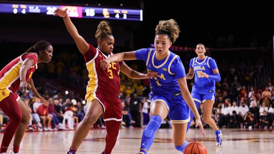 UCLA Bruins guard Kiki Rice (1) with the ball during the women's college basketball game against the USC Trojans, Sunday March 1st, 2026 at Galen Center in Los Angeles, Calif. UCLA Bruins guard Kiki Rice (1) with the ball during the women's college basketball game against the USC Trojans, Sunday March 1st, 2026 at Galen Center in Los Angeles, Calif.
