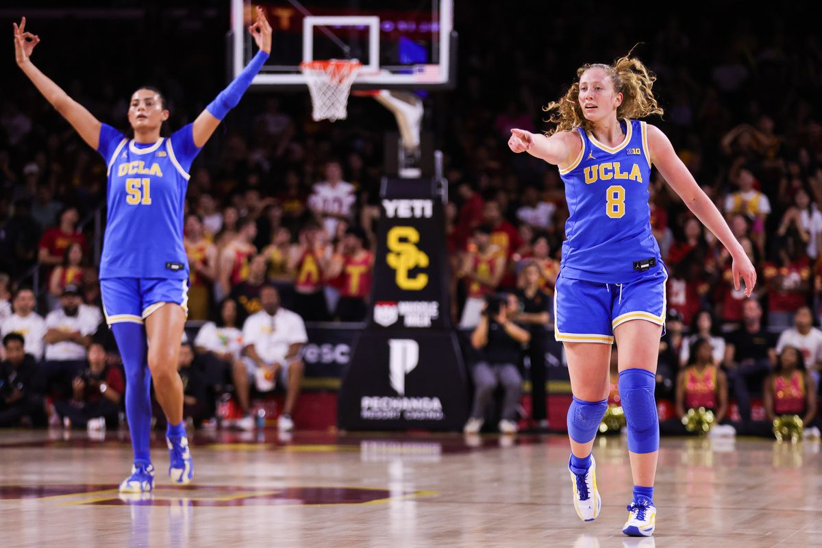 UCLA Bruins guard Gianna Kneepkens (8) points during the women's college basketball game against the USC Trojans, Sunday March 1st, 2026 at Galen Center in Los Angeles, Calif.