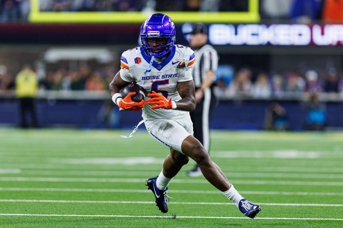 Boise State Broncos wide receiver Chris Marshall (5) runs with the ball during the LA Bowl against the Washington Huskies on December 13, 2025 in Los Angeles, California.