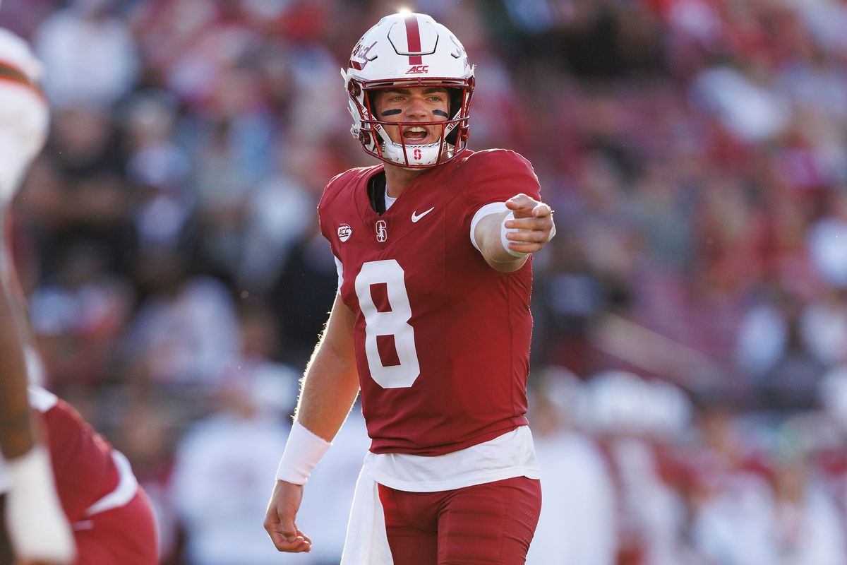 Davis Warren #8 of the Stanford Cardinal signals during the game against Miami Hurricanes at Stanford Stadium on September 4, 2026 in Stanford, California. Davis Warren #8 of the Stanford Cardinal signals during the game against Miami Hurricanes at Stanford Stadium on September 4, 2026 in Stanford, California.