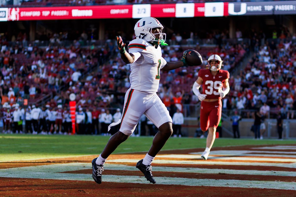 Malachi Toney #1 of the Miami Hurricanes celebrates a touchdown catch during the game against Stanford Cardinal at Stanford Stadium on September 4, 2026 in Stanford, California. Malachi Toney #1 of the Miami Hurricanes celebrates a touchdown catch during the game against Stanford Cardinal at Stanford Stadium on September 4, 2026 in Stanford, California.