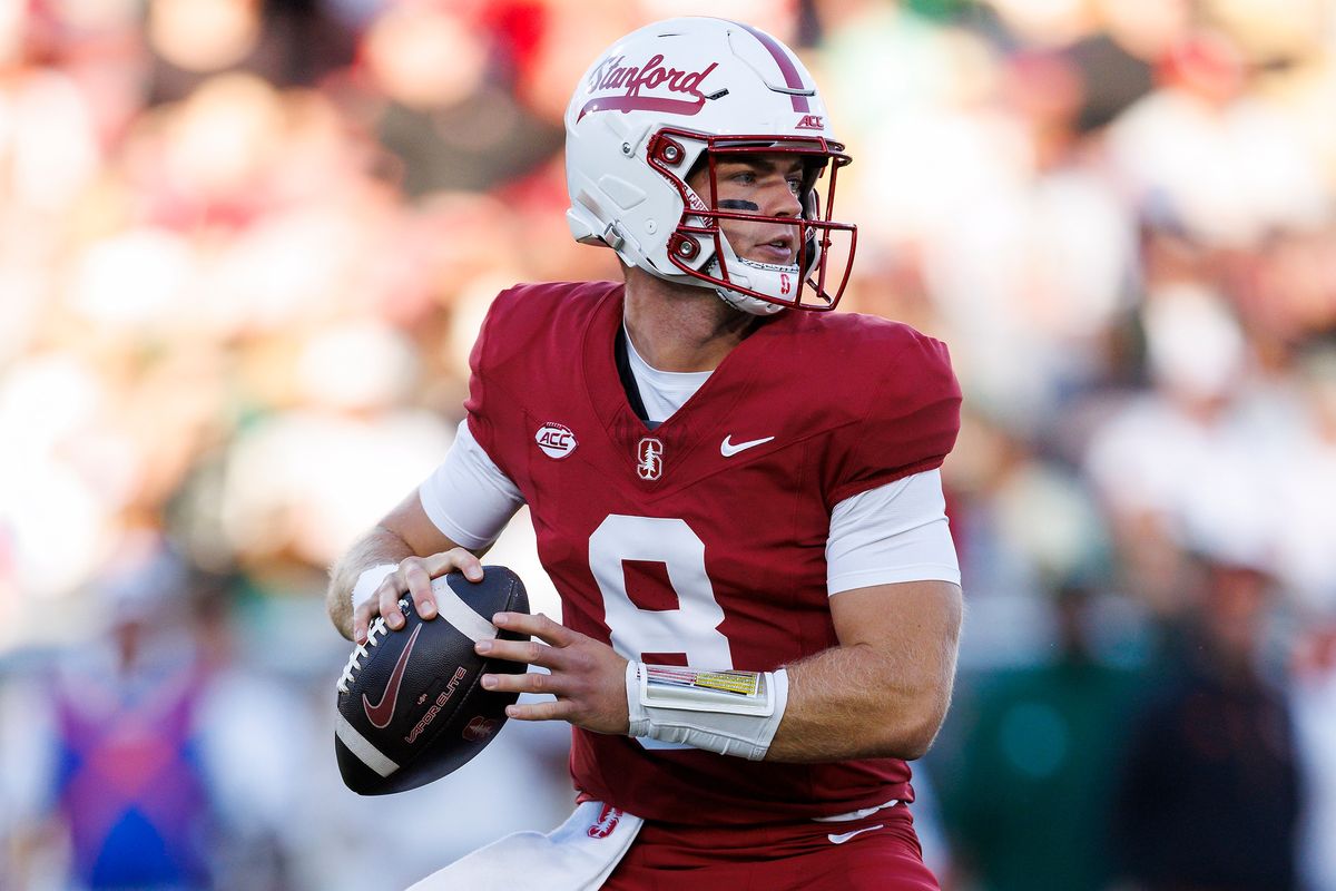 Davis Warren #8 of the Stanford Cardinal drops back to pass during the game against Miami Hurricanes at Stanford Stadium on September 4, 2026 in Stanford, California. Davis Warren #8 of the Stanford Cardinal drops back to pass during the game against Miami Hurricanes at Stanford Stadium on September 4, 2026 in Stanford, California.
