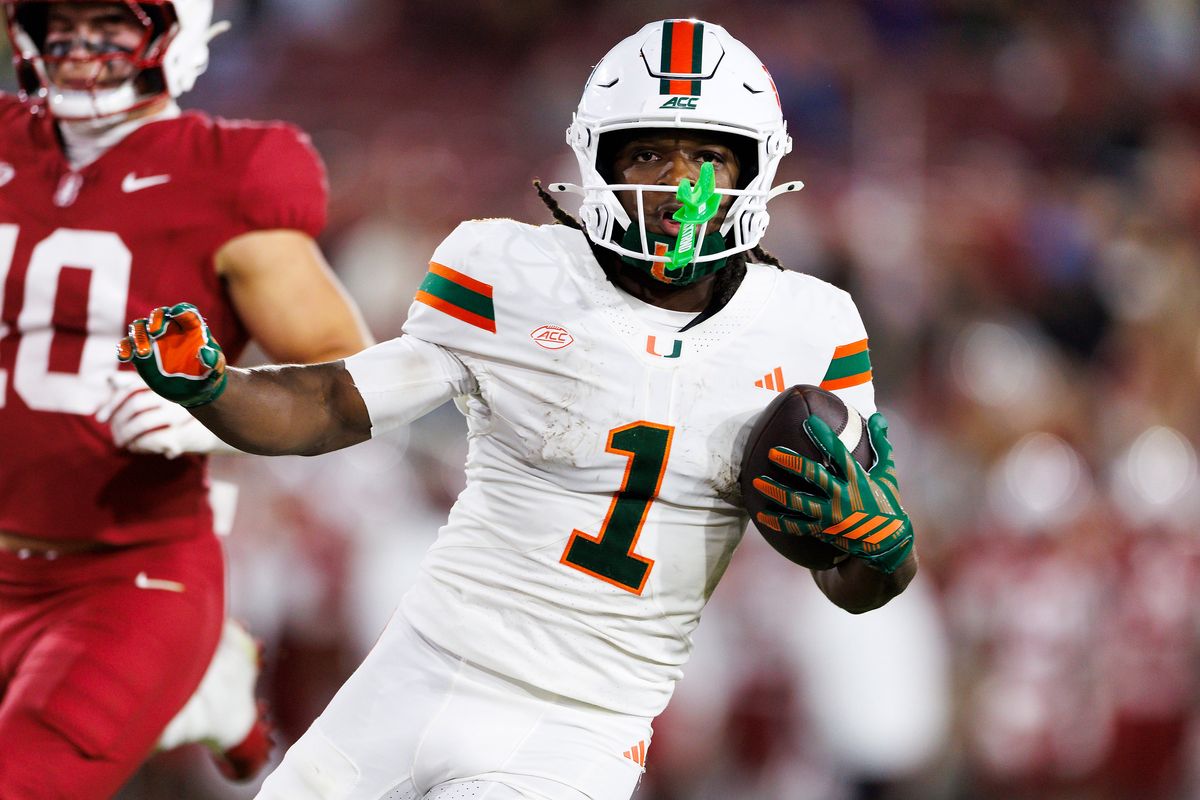 Malachi Toney #1 of the Miami Hurricanes scores a touchdown during the game against Stanford Cardinal at Stanford Stadium on September 4, 2026 in Stanford, California. 