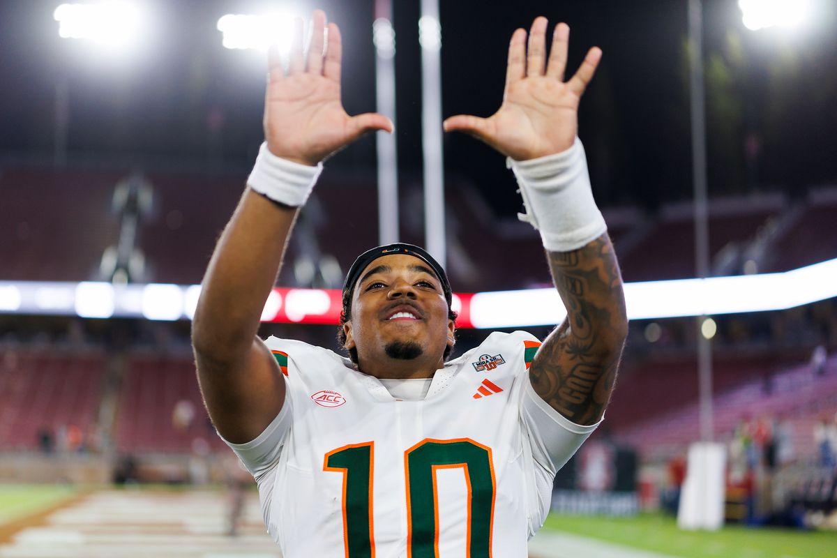 Darian Mensah #10 of the Miami Hurricanes celebrates with fans after the game against Stanford Cardinal at Stanford Stadium on September 4, 2026 in Stanford, California. (Photo by Ric Tapia/Getty Images) Darian Mensah #10 of the Miami Hurricanes celebrates with fans after the game against Stanford Cardinal at Stanford Stadium on September 4, 2026 in Stanford, California. (Photo by Ric Tapia/Getty Images)
