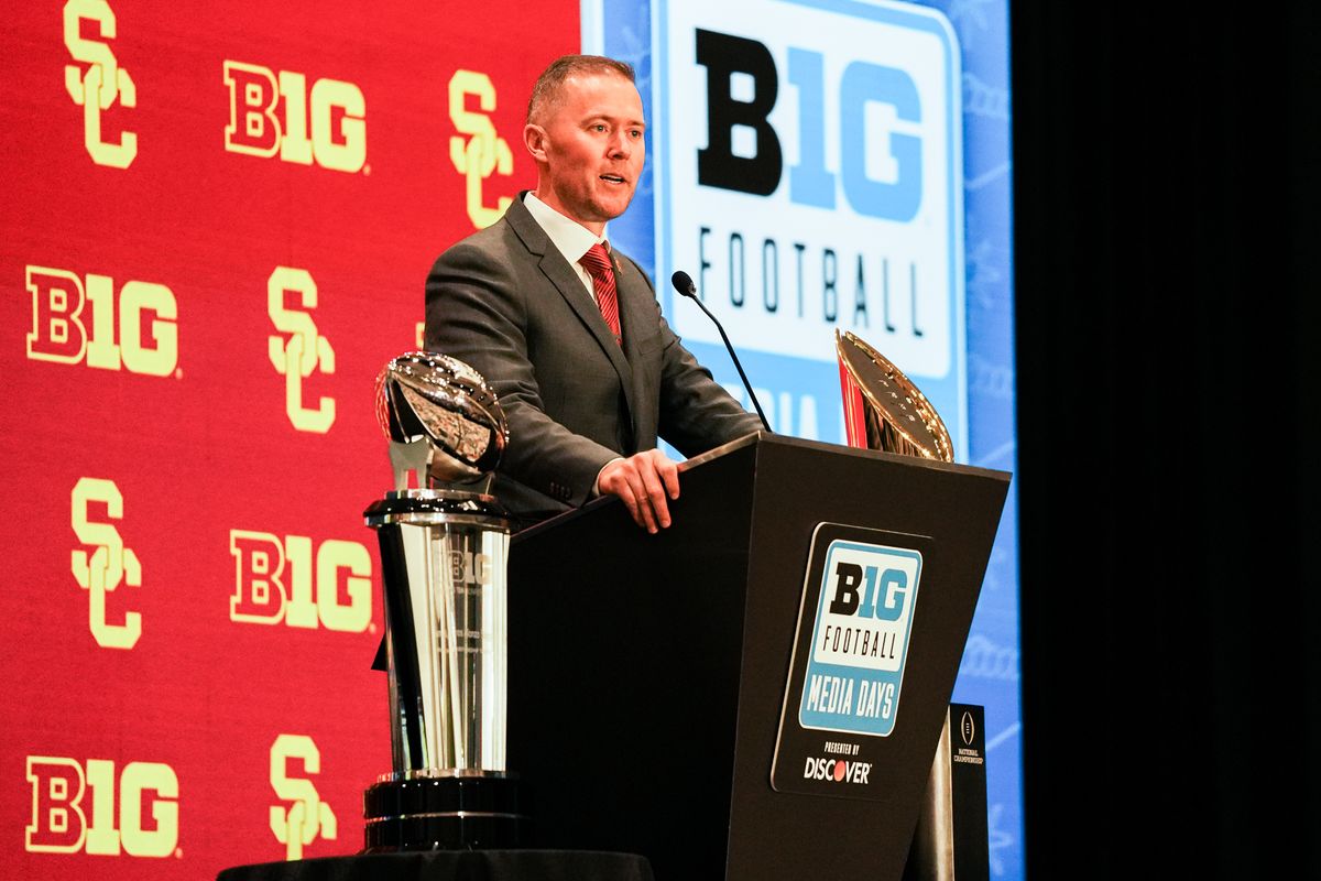  speaks during Big Ten Media Days on Thursday July 24, 2025 in Las Vegas.