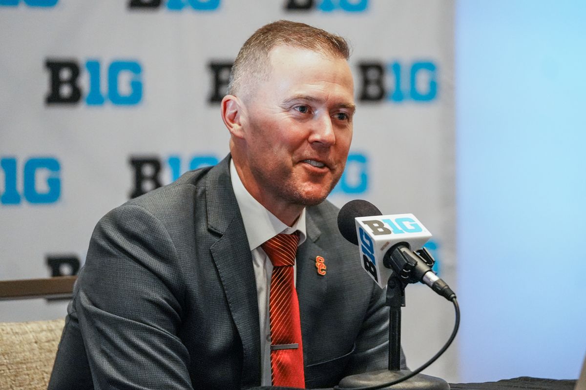 USC coach Lincoln Riley speaks during Big Ten Media Days on Thursday July 24, 2025 in Las Vegas.