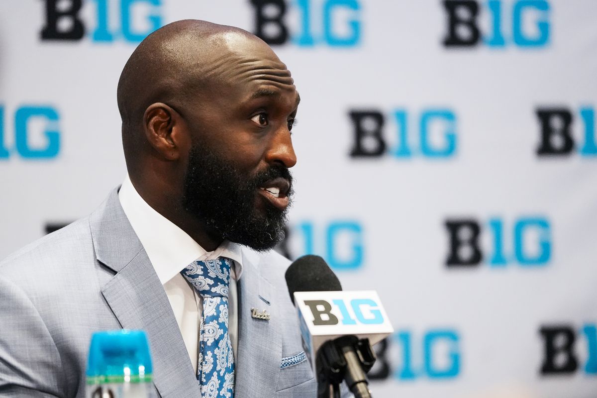 UCLA coach Deshaun Foster speaks during Big Ten Media Days on Thursday July 24, 2025 in Las Vegas.