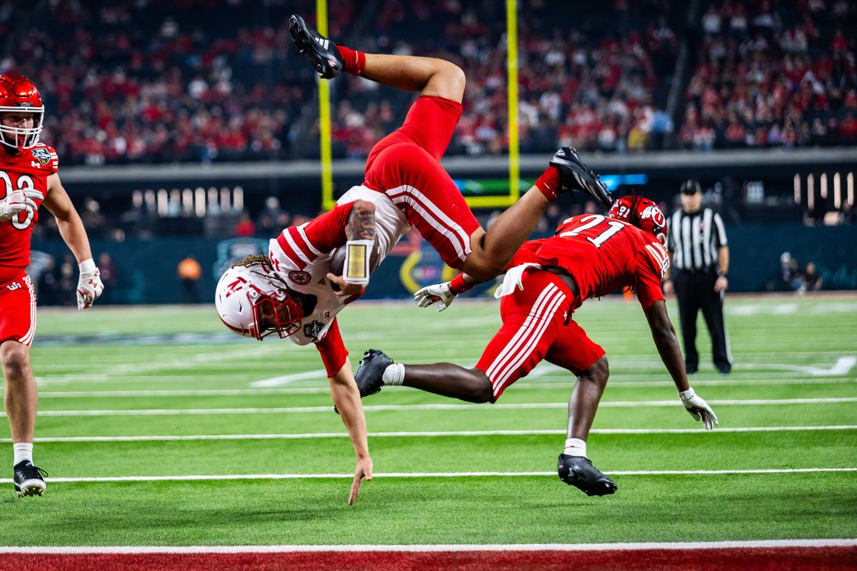 Nebraska Huskers quarterback TJ Lateef (14) flips into the endzone during the SRS Distribution Las Vegas Bowl game between the Nebraska Huskers and the Utah Utes, Sunday December 31, 2025 in Las Vegas, Nev.