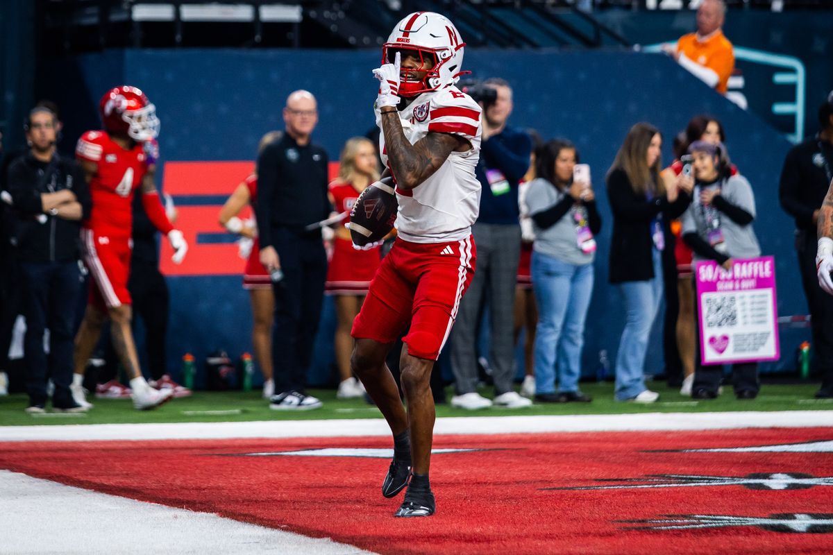 Nebraska Huskers wide receiver Jacory Barney Jr. (2) hushes the crowd after scoring a touchdown during the SRS Distribution Las Vegas Bowl game between the Nebraska Huskers and the Utah Utes, Sunday December 31, 2025 in Las Vegas, Nev.