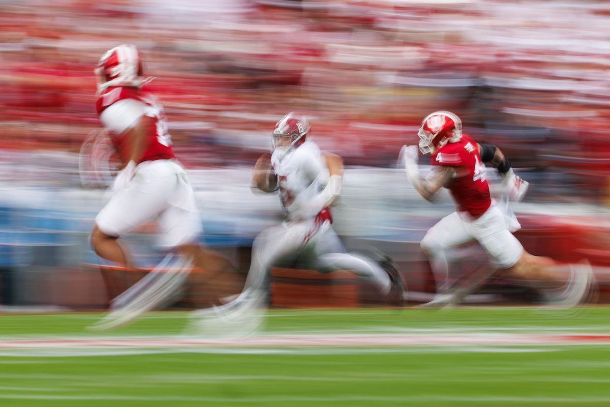 Ty Simpson #15 of the Alabama Crimson Tide runs with the ball during the game against the Indiana Hoosiers at Rose Bowl on January 1, 2026 in Pasadena, California. 