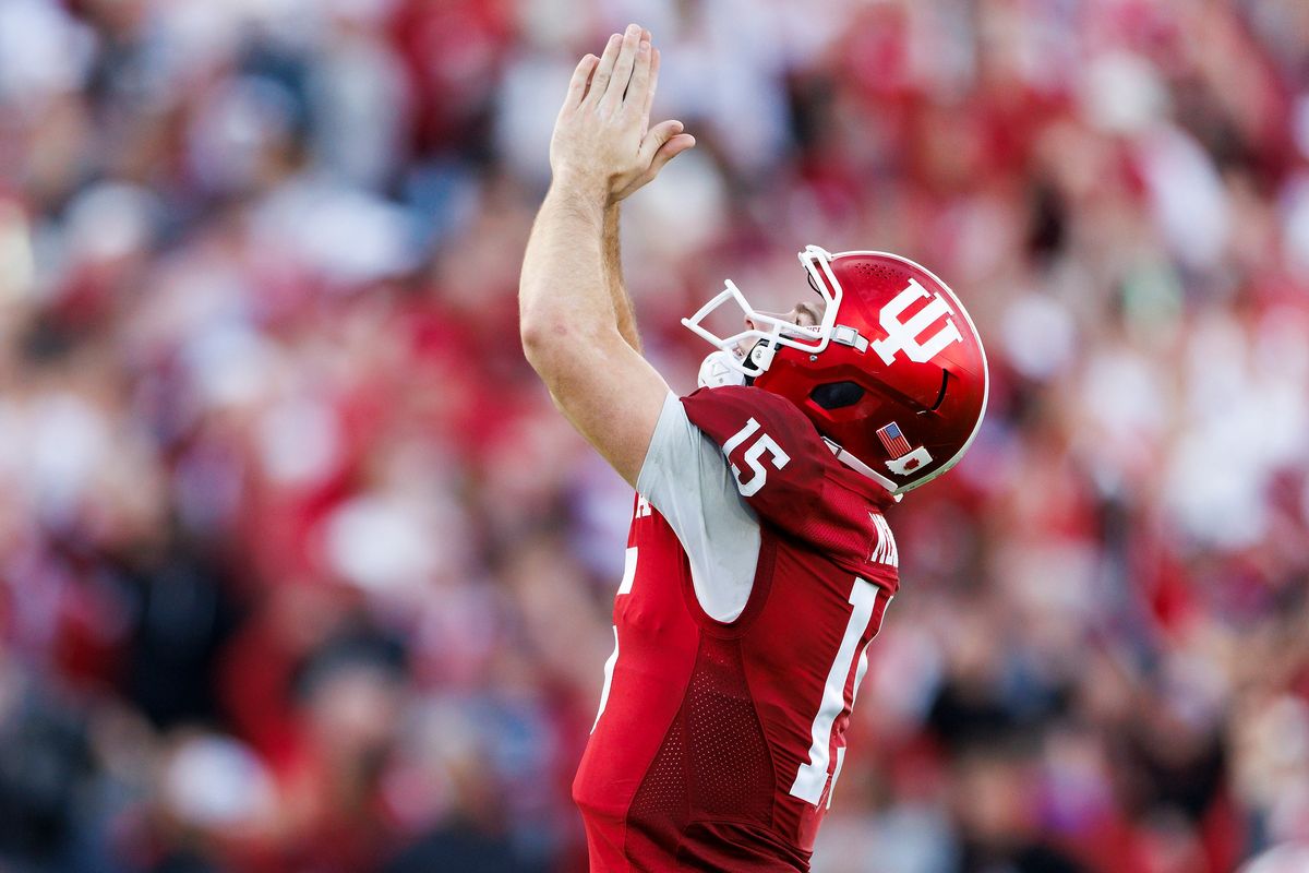 Fernando Mendoza #15 of the Indiana Hoosiers celebrates a touchdown during the game against the Indiana Hoosiers at Rose Bowl on January 1, 2026 in Pasadena, California. 
