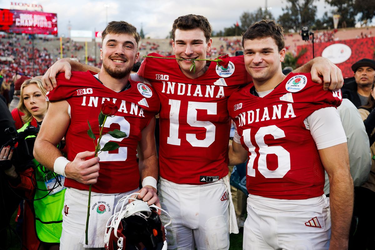 Makai Jackson #2 of the Indiana Hoosiers, Fernando Mendoza #15 of the Indiana Hoosiers and Alberto Mendoza #16 of the Indiana Hoosiers pose for a photo after the game against the Alabama Crimson Tide at Rose Bowl on January 1, 2026 in Pasadena, California. 