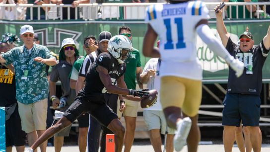 Hawai'i players celebrate on the field during the UCLA-Hawai'i game in Honolulu on Saturday, August 31, 2024.