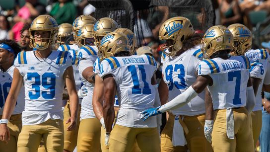 UCLA players celebrate on the field during the UCLA-Hawai'i game in Honolulu on Saturday, August 31, 2024.