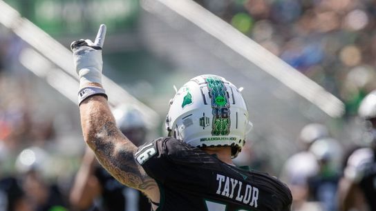 Hawai'i linebacker Logan Taylor raises his index finger during Hawai'i's game against UCLA on Saturday, August 31, 2024 in Honolulu.