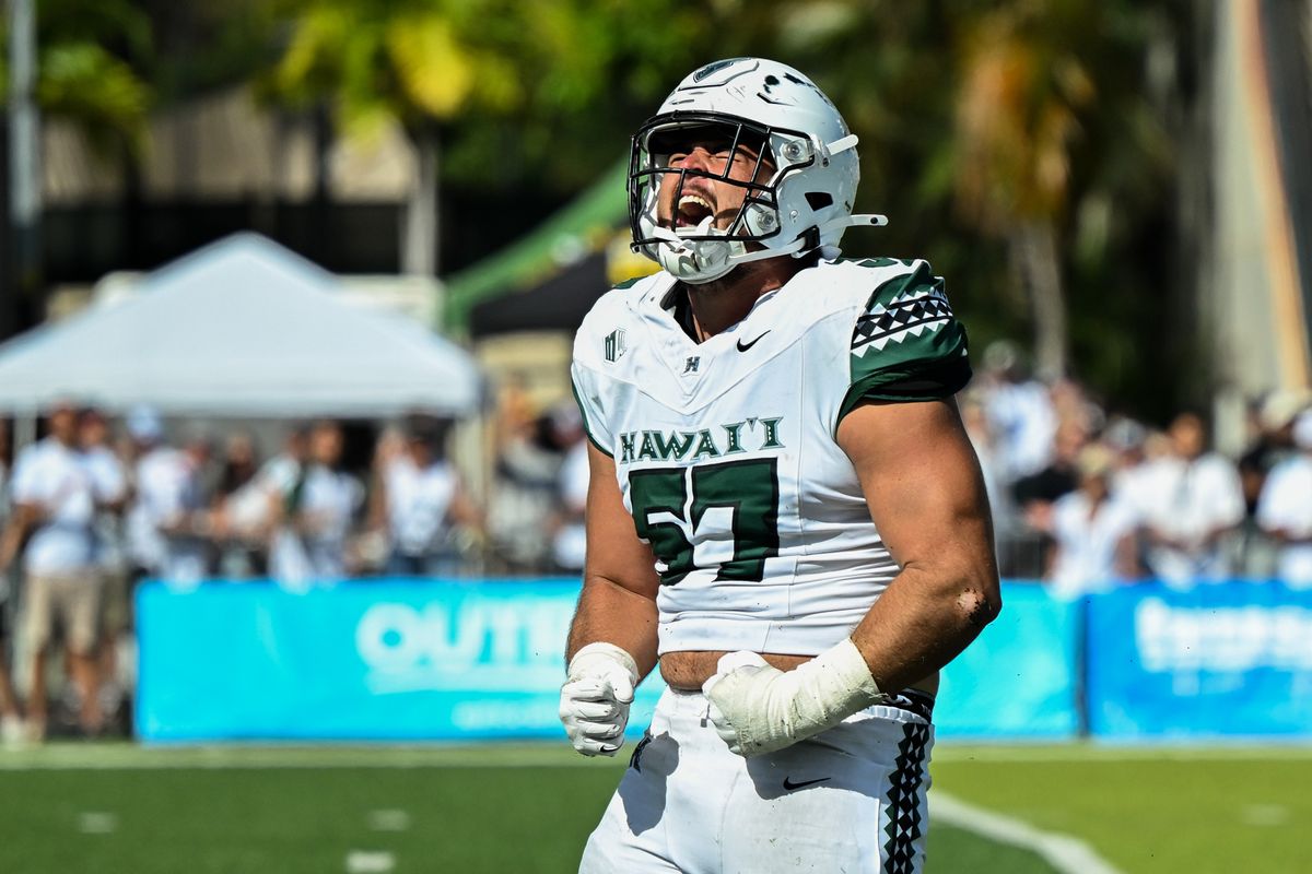 University of Hawai'i Rainbow Warriors defensive lineman Jackie Johnson III, #57, celebrates after collapsing the pocket and forcing an incomplete pass during an NCAA football game against the Stanford Cardinal, Saturday, August 24, 2025, in Honolulu, Hawai'i.