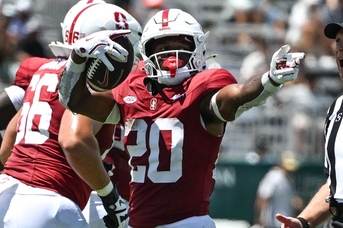 Stanford Cardinal running back Micah Ford, #20, celebrates after achieving a first down during an NCAA football game against the Hawai'i Rainbow Warriors, Saturday, August 23, 2025, in Honolulu, Hawai'i.