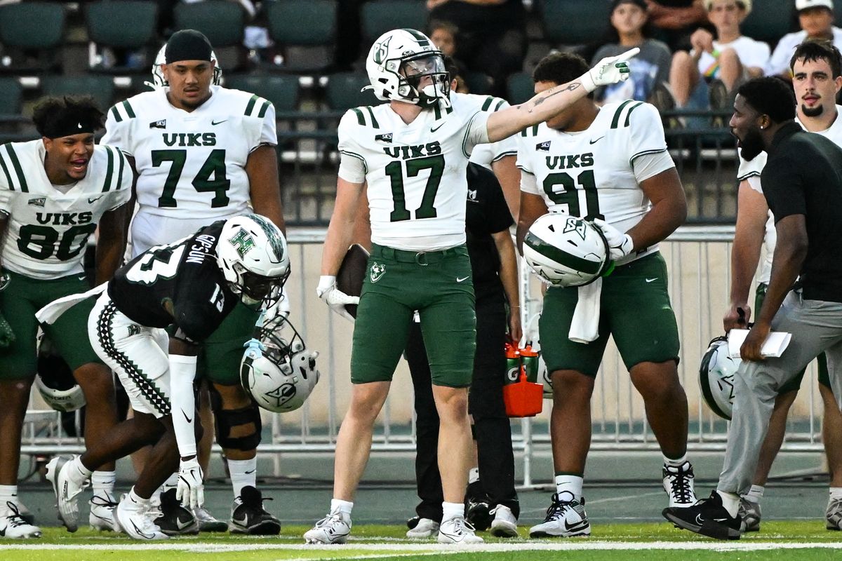 Portland State Vikings wide receiver Zachary Dodson-Greene celebrates a first down during an NCAA football game against the University of Hawai'i Rainbow Warriors, Saturday, September 13, 2025, in Honolulu, Hawai'i.