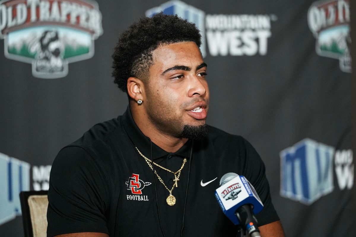 San Diego State University edge Trey White speaks during Mountain West Media Days on Wednesday July 16, 2025 in Las Vegas.