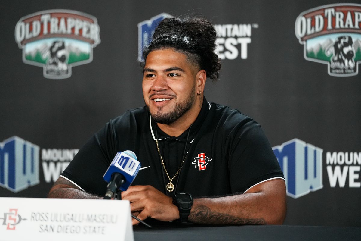 San Diego State University offensive lineman Ross Ulugalu-Maseuli speaks during Mountain West Media Days on Wednesday July 16, 2025 in Las Vegas.