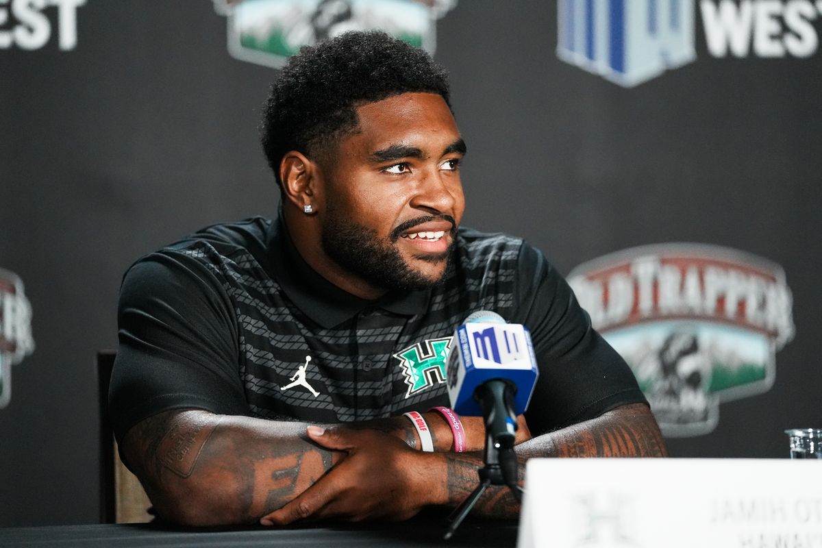 Hawai’i linebacker Jamih Otis speaks during Mountain West Media Days on Wednesday July 16, 2025 in Las Vegas.