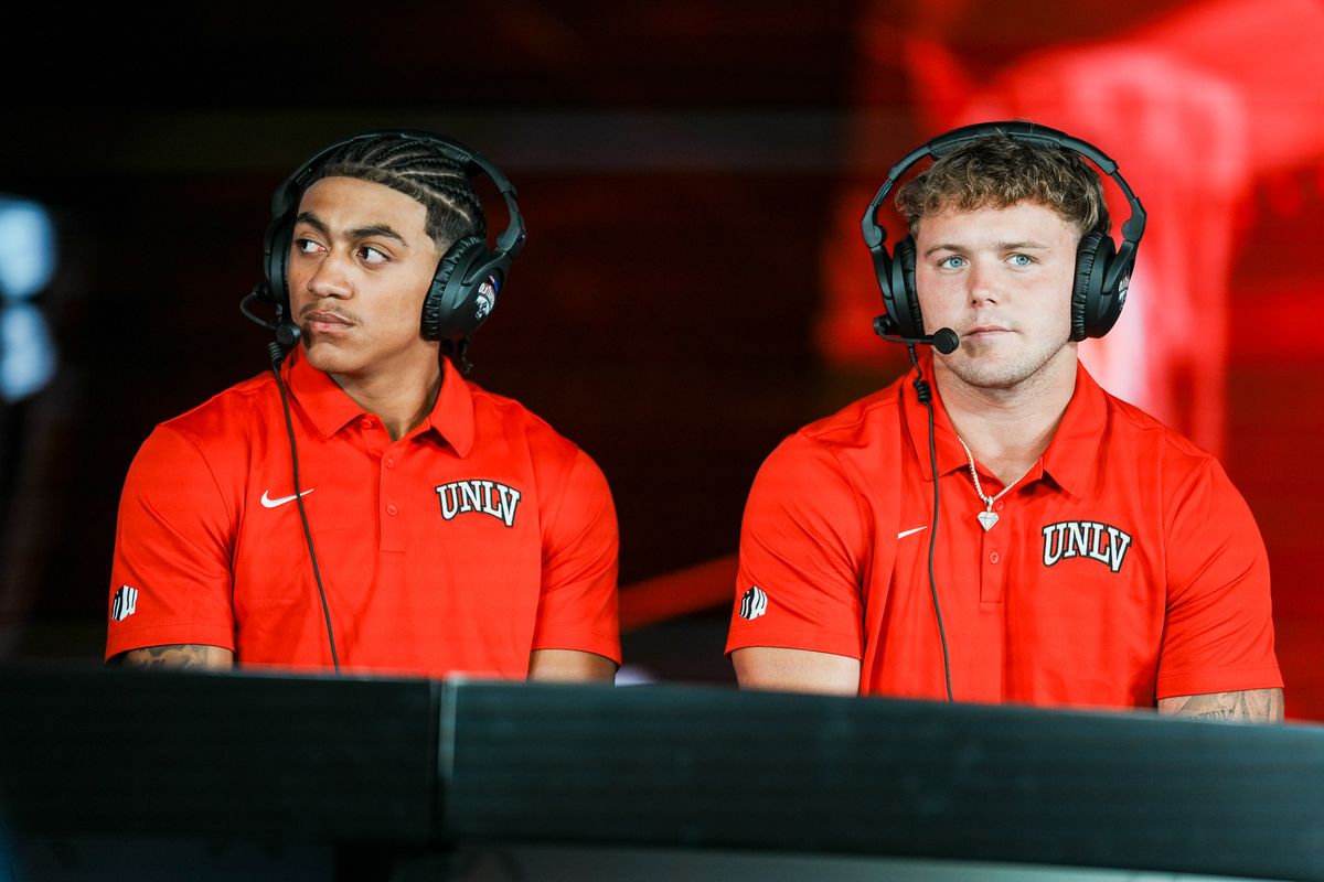 UNLV wide receiver DeAngelo Irvin Jr. (left) and defensive back Jake Pope (right) speak on the Mountain West Live Show during Mountain West Media Days on Wednesday July 16, 2025 in Las Vegas.