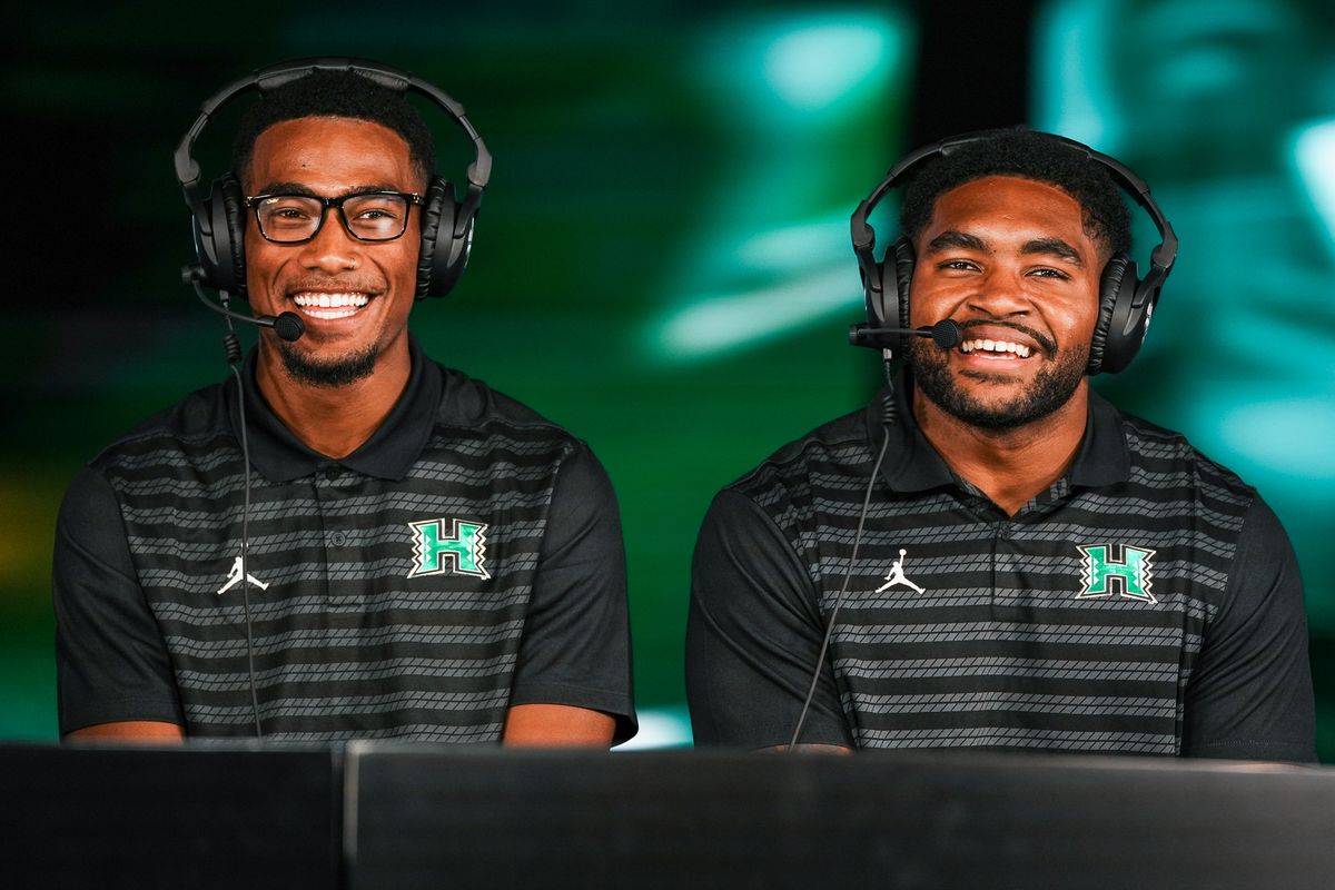 Hawai’i wide receiver Profile Ashlock (left) and linebacker Jamih Otis (right) speak on the Mountain West Live Show during Mountain West Media Days on Wednesday July 16, 2025 in Las Vegas.