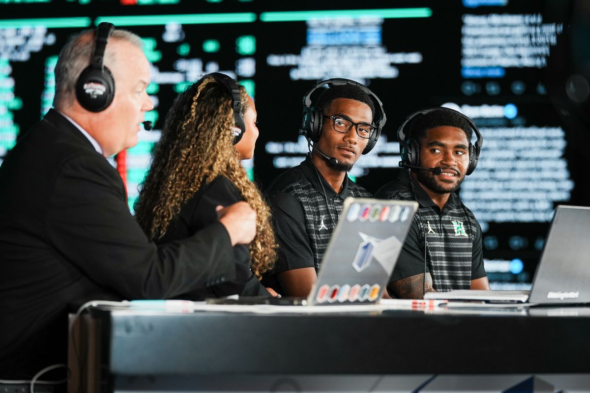 Hawai’i wide receiver Profile Ashlock and linebacker Jamih Otis speak on the Mountain West Live Show during Mountain West Media Days on Wednesday July 16, 2025 in Las Vegas.