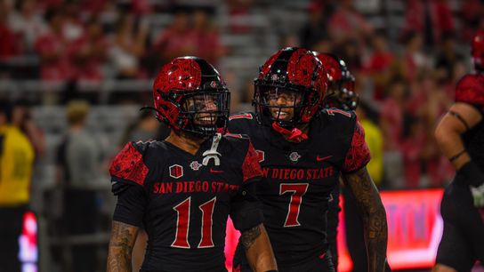 San Diego State's JD Coffey III (11) celebrates with William Nimmo Jr. (7) after returning an interception for a touchdown during the fourth quarter against Texas A&M-Commerce.