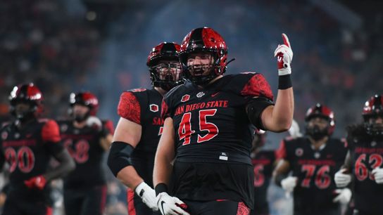 San Diego State defensive lineman Wyatt Draeger (45) amps up the crowd during an NCAA football game against Oregon State, Saturday, September 7, 2024 in San Diego, CA.