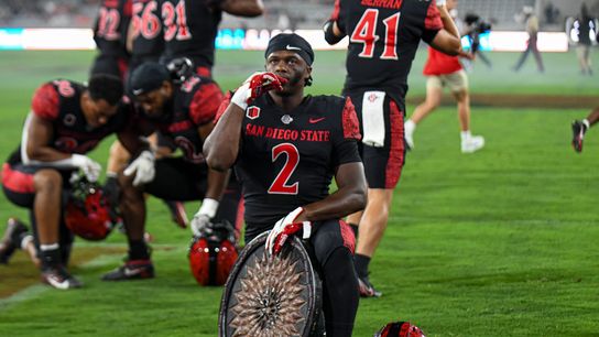 San Diego State running back Jaylon Armstead (2) prays before the game during an NCAA football game against Oregon State, Saturday, September 7, 2024 in San Diego, CA.