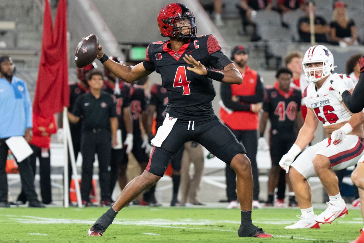 San Diego State University quarterback Jayden Denegal (4) throws the ball during an NCAA football game against Stony Brook University, Thursday August 28, 2025 in San Diego, California.