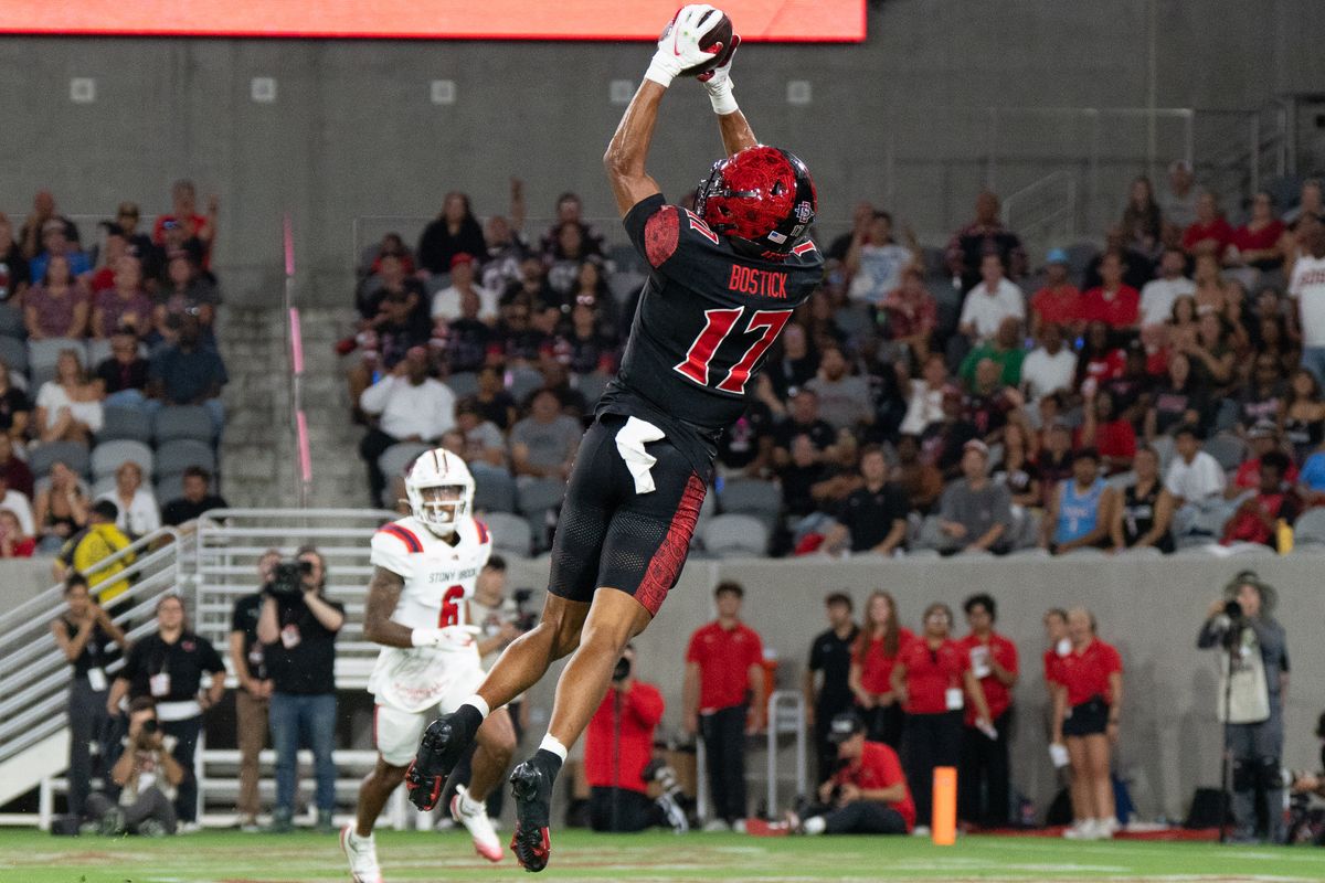San Diego State University wide receiver Jacob Bostick (17) scores a touchdown during an NCAA football game against Stony Brook University, Thursday August 28, 2025 in San Diego, California.