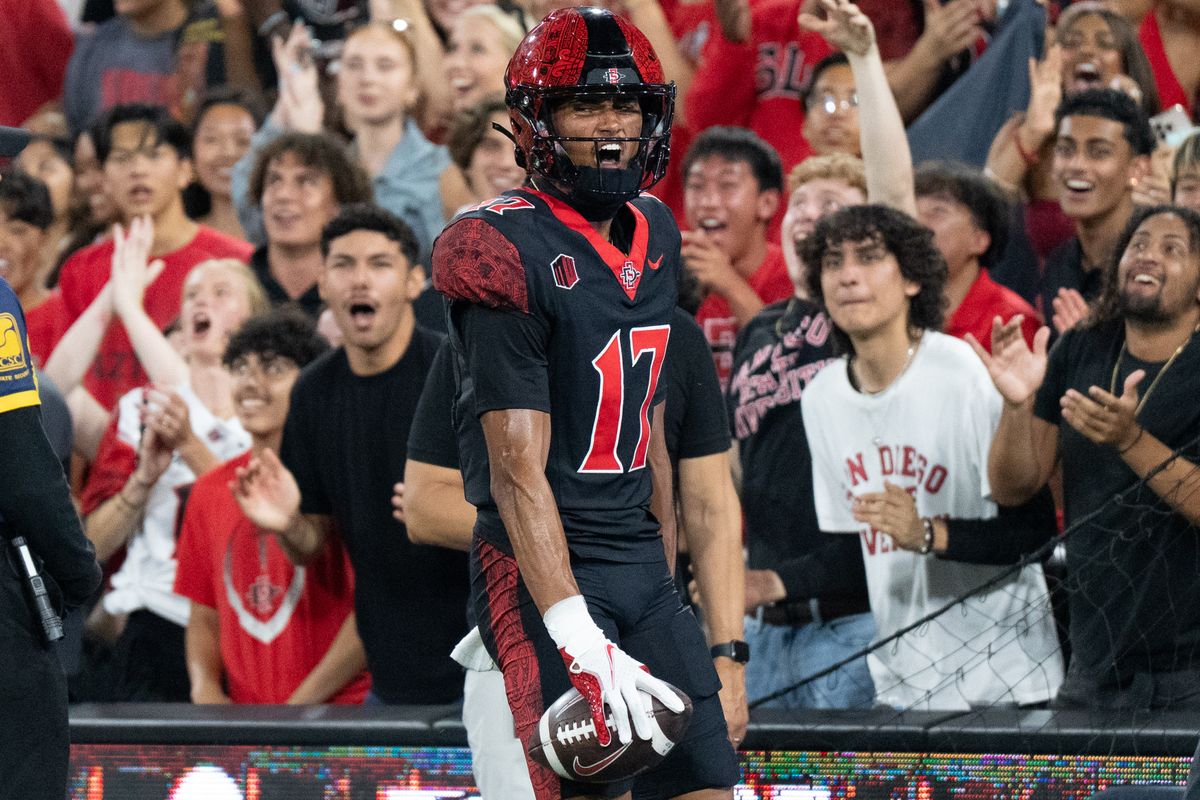 San Diego State University wide receiver Jacob Bostick (17) celebrates after scoring a touchdown during an NCAA football game against Stony Brook University, Thursday August 28, 2025 in San Diego, California.