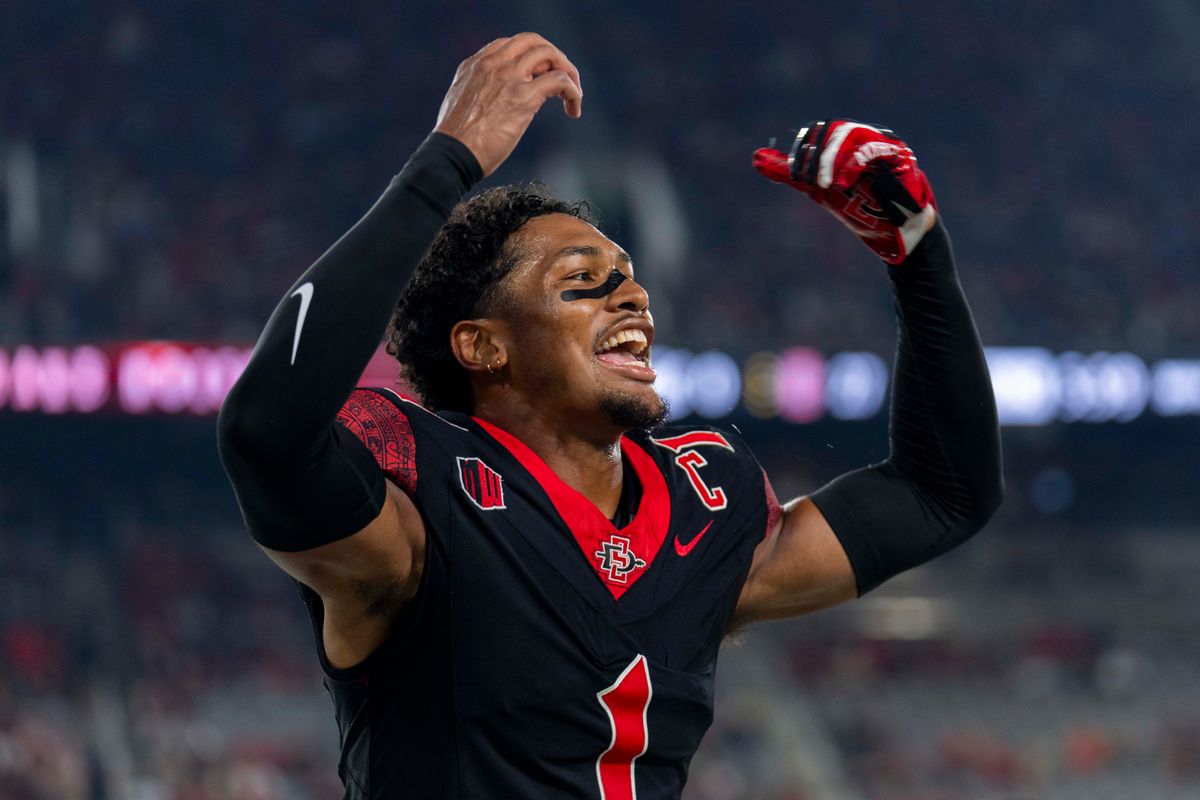 San Diego State Aztecs CB Chris Johnson (1) celebrates his pick six on the bench during an NCAA football game against the California Golden Bears, Saturday September 20th, 2025 in San Diego, California. San Diego State Aztecs CB Chris Johnson (1) celebrates his pick six on the bench during an NCAA football game against the California Golden Bears, Saturday September 20th, 2025 in San Diego, California.