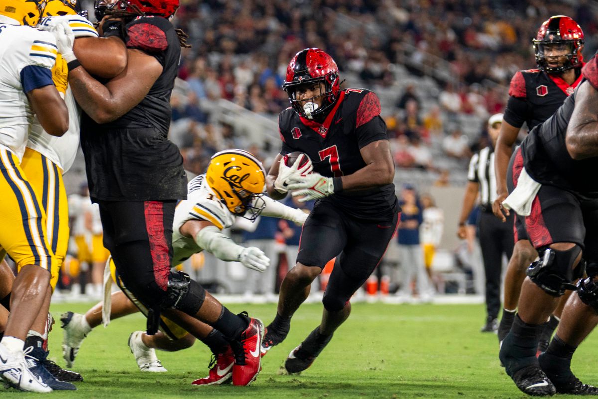 San Diego State Aztecs RB Lucky Sutton (7) scores a touchdown during an NCAA football game against the California Golden Bears, Saturday September 20th, 2025 in San Diego, California. San Diego State Aztecs RB Lucky Sutton (7) scores a touchdown during an NCAA football game against the California Golden Bears, Saturday September 20th, 2025 in San Diego, California.