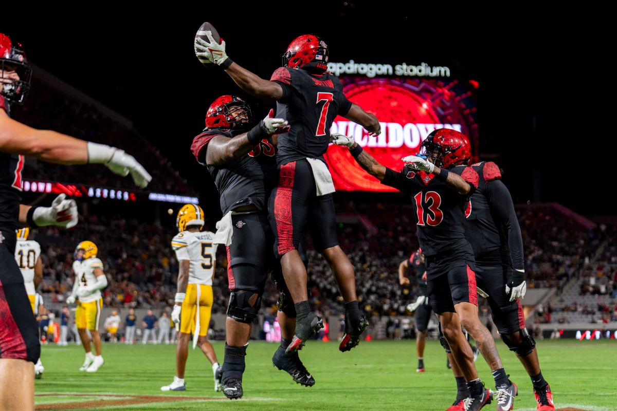 San Diego State Aztecs RB Lucky Sutton (7) celebrates his touchdown during an NCAA football game against the California Golden Bears, Saturday September 20th, 2025 in San Diego, California. San Diego State Aztecs RB Lucky Sutton (7) celebrates his touchdown during an NCAA football game against the California Golden Bears, Saturday September 20th, 2025 in San Diego, California.