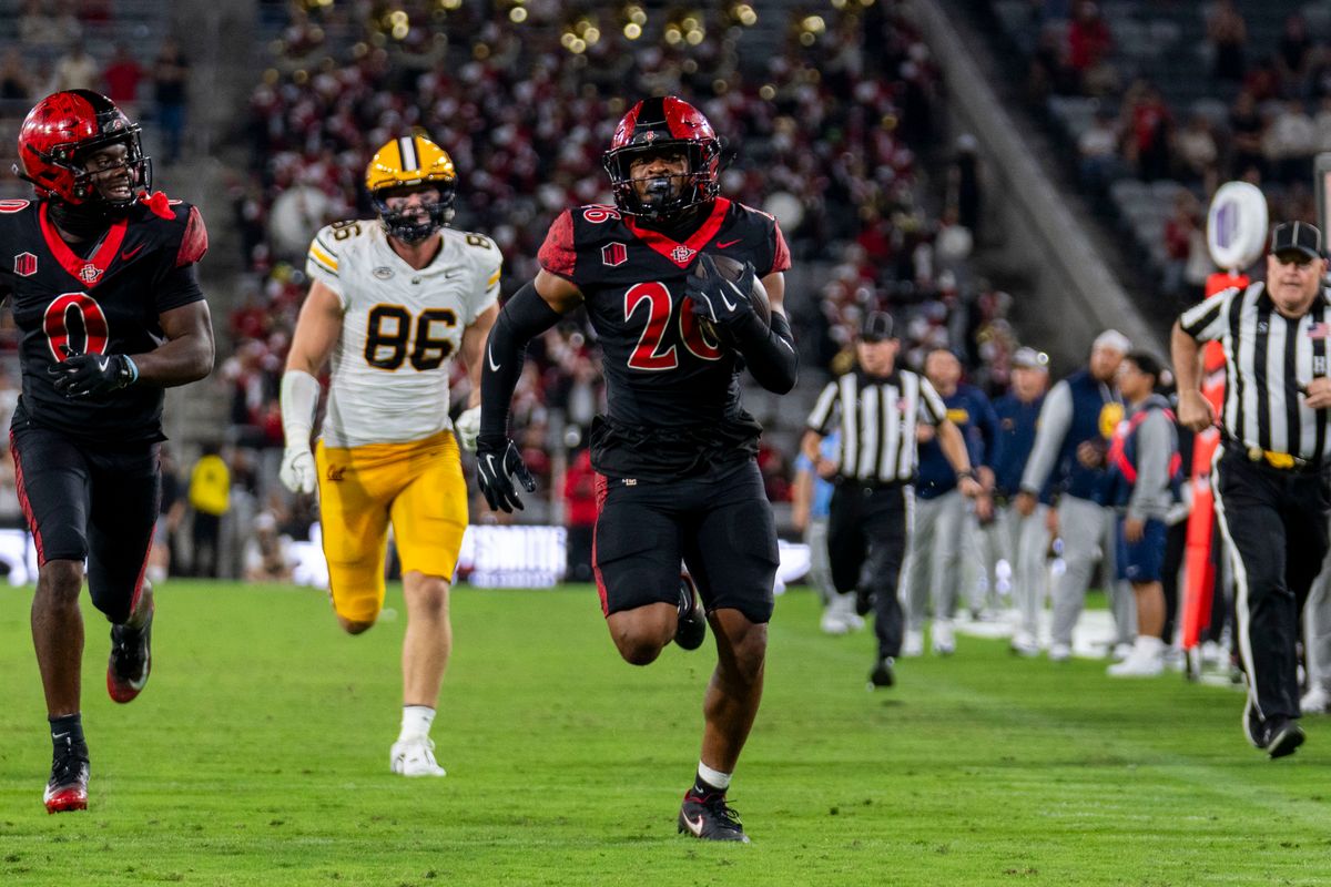 San Diego State Aztecs DB Dwayne McDougle (26) scores a touchdown on a fumble recovery during an NCAA football game against the California Golden Bears, Saturday September 20th, 2025 in San Diego, California. San Diego State Aztecs DB Dwayne McDougle (26) scores a touchdown on a fumble recovery during an NCAA football game against the California Golden Bears, Saturday September 20th, 2025 in San Diego, California.