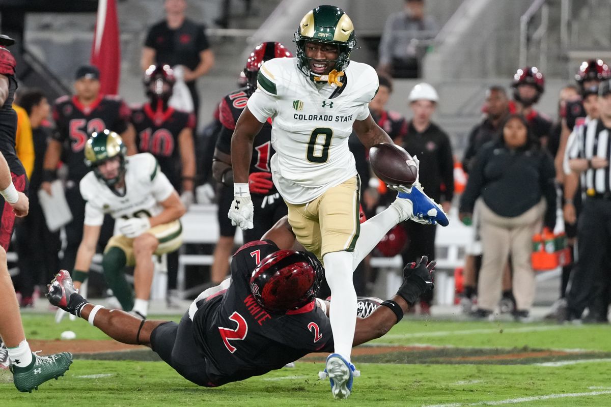 Colorado State wide receiver Jordan Ross (0) runs up the field during an NCAA football game against San Diego State University, Friday October 03, 2025 in San Diego, California. Colorado State wide receiver Jordan Ross (0) runs up the field during an NCAA football game against San Diego State University, Friday October 03, 2025 in San Diego, California.