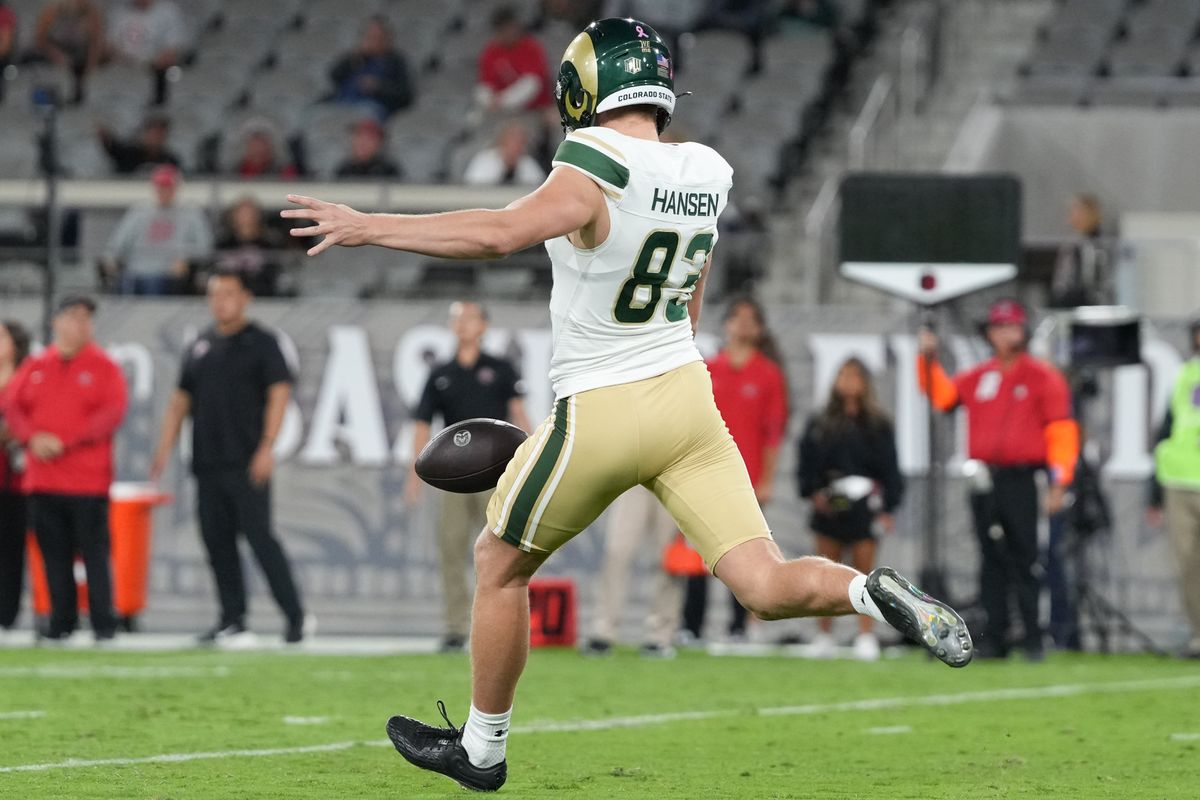 Colorado State kicker Bryan Hansen (83) punts the ball during an NCAA football game against San Diego State University, Friday October 03, 2025 in San Diego, California. Colorado State kicker Bryan Hansen (83) punts the ball during an NCAA football game against San Diego State University, Friday October 03, 2025 in San Diego, California.