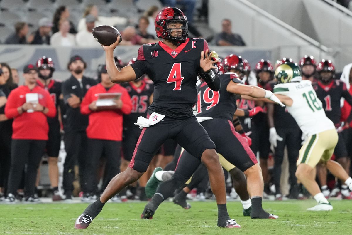 San Diego State University quarterback Jayden Denegal (4) throws the ball during an NCAA football game against Colorado State, Friday October 03, 2025 in San Diego, California. San Diego State University quarterback Jayden Denegal (4) throws the ball during an NCAA football game against Colorado State, Friday October 03, 2025 in San Diego, California.