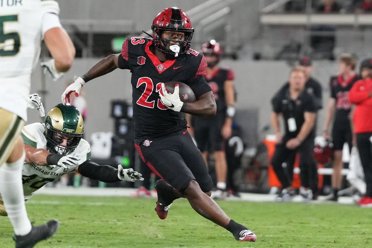 San Diego State University running back Christian Washington (23) runs up the field during an NCAA football game against Colorado State, Friday October 03, 2025 in San Diego, California. San Diego State University running back Christian Washington (23) runs up the field during an NCAA football game against Colorado State, Friday October 03, 2025 in San Diego, California.