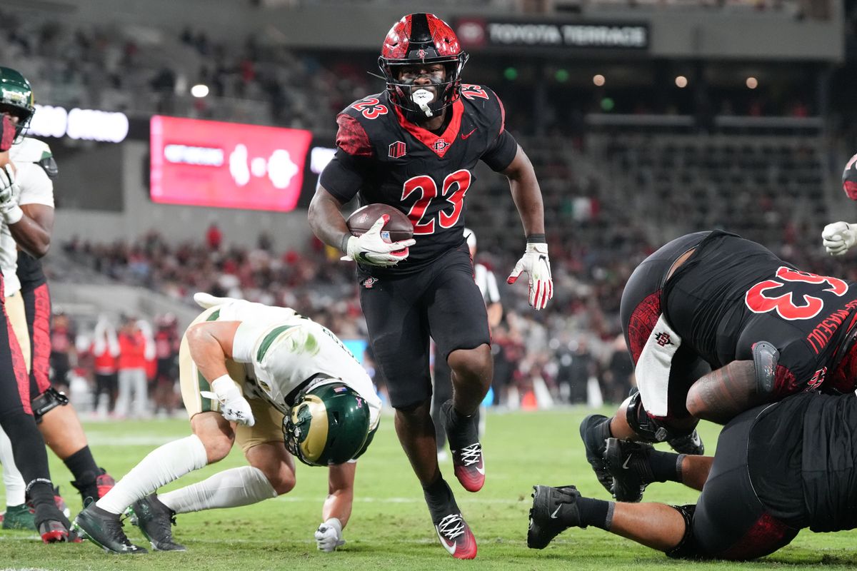San Diego State University running back Christian Washington (23) runs the ball in for a touchdown during an NCAA football game against Colorado State, Friday October 03, 2025 in San Diego, California. San Diego State University running back Christian Washington (23) runs the ball in for a touchdown during an NCAA football game against Colorado State, Friday October 03, 2025 in San Diego, California.