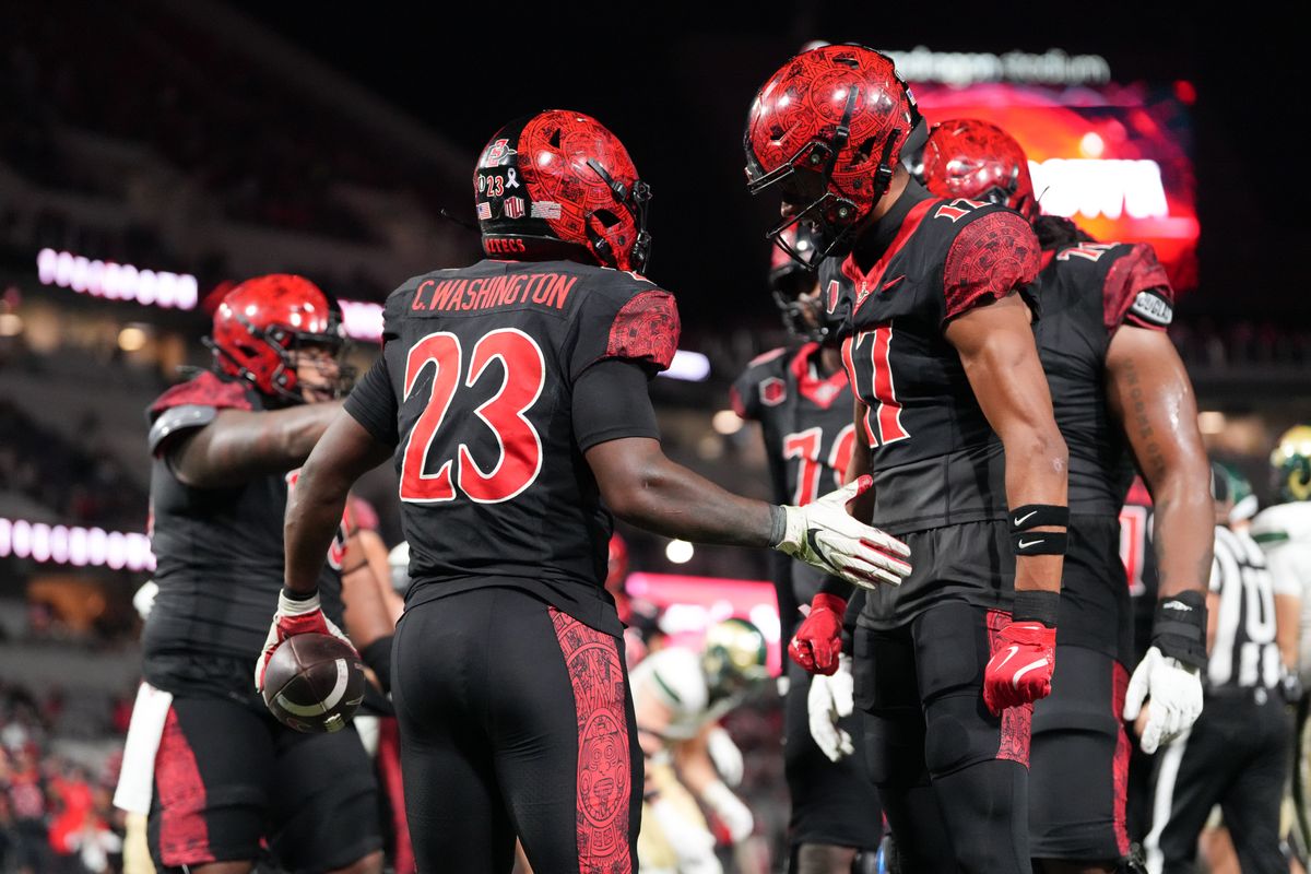 San Diego State University running back Christian Washington (23) celebrates after scoring a touchdown during an NCAA football game against Colorado State, Friday October 03, 2025 in San Diego, California. San Diego State University running back Christian Washington (23) celebrates after scoring a touchdown during an NCAA football game against Colorado State, Friday October 03, 2025 in San Diego, California.